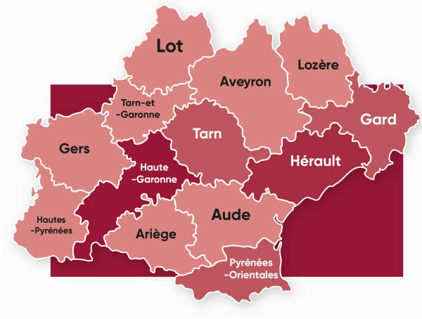 carte de la région occitanie avec les départements où se situent les adhérents Digital 113